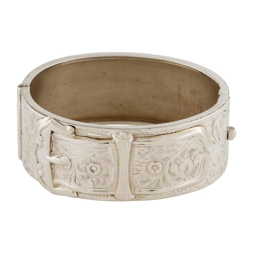 VINTAGE STERLING SILVER 925  ETCHED HINGED BUCKLE BANGLE BRACELET